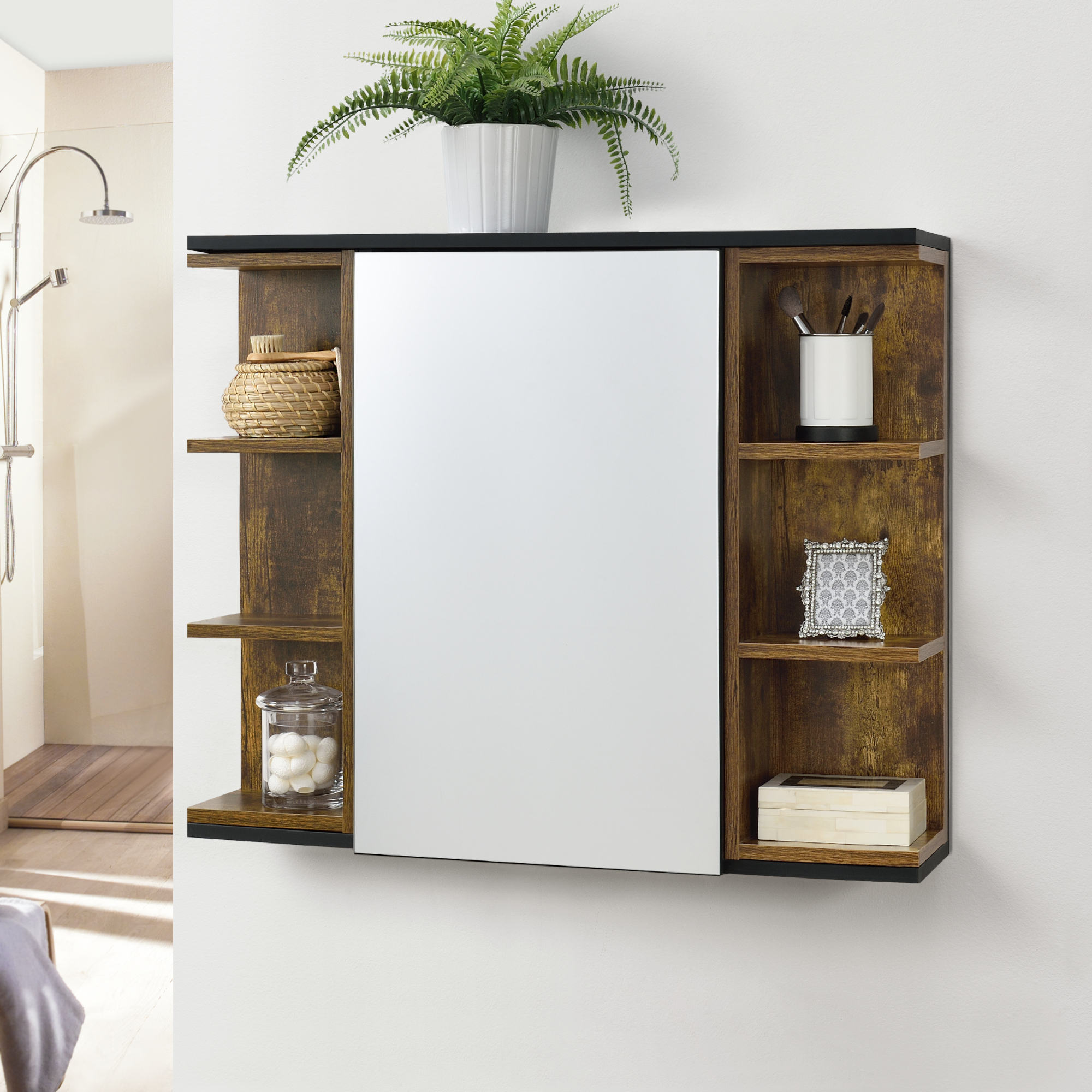 foto del prodotto armadietto pensile a bagno con specchio 64 x 80 x 20 cm mobiletto a muro con 1 anta e 3 ripiani laterali legno