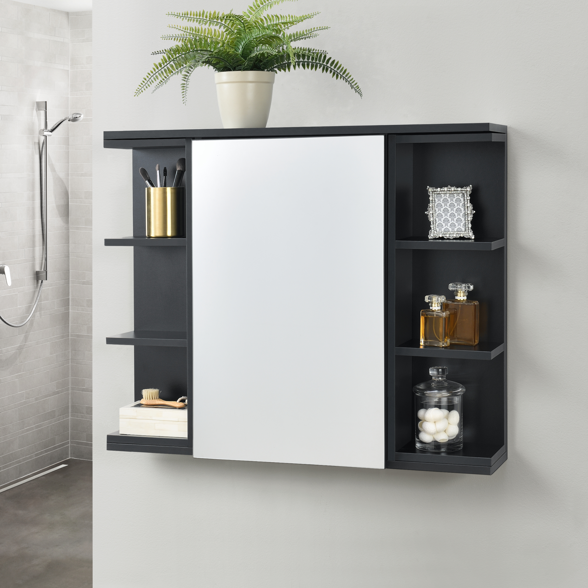 foto del prodotto armadietto pensile a bagno con specchio 64 x 80 x 20 cm mobiletto a muro con 1 anta e 3 ripiani laterali nero