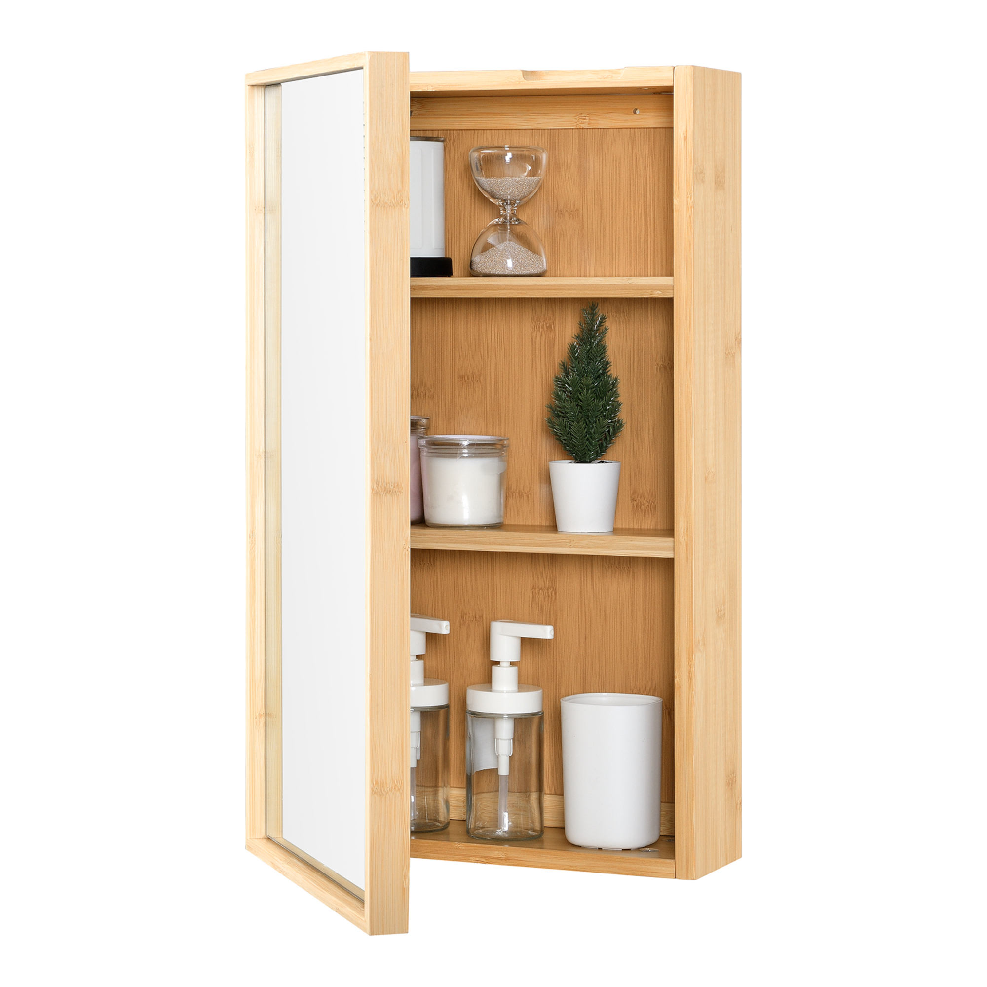 foto del prodotto armadietto pensile da bagno 39 ikorfat 39 mobile in bamb con anta a specchio e 2 ripiani en.casa 
