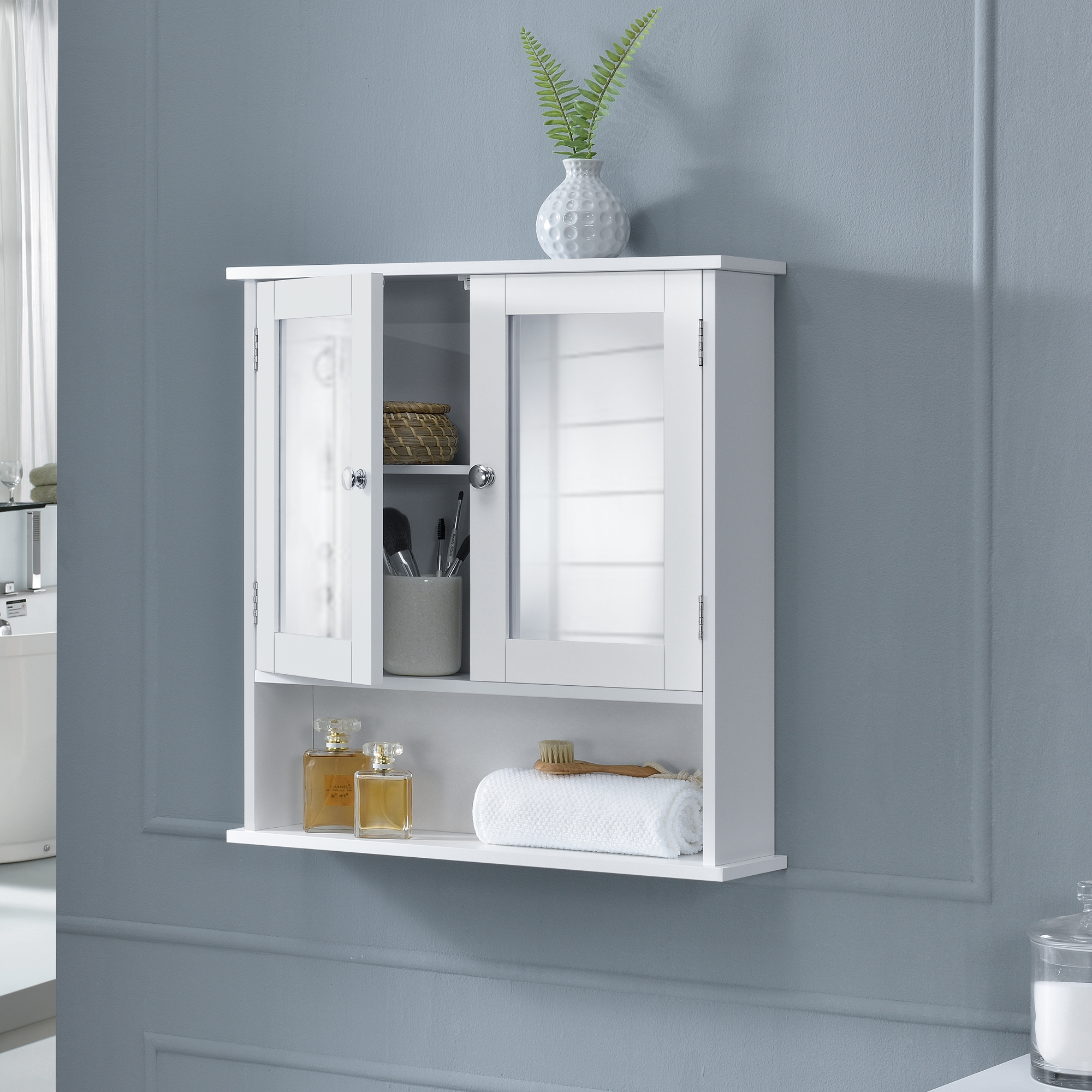foto del prodotto armadietto pensile da bagno con ante a specchio e scomparto aperto bianco en.casa 