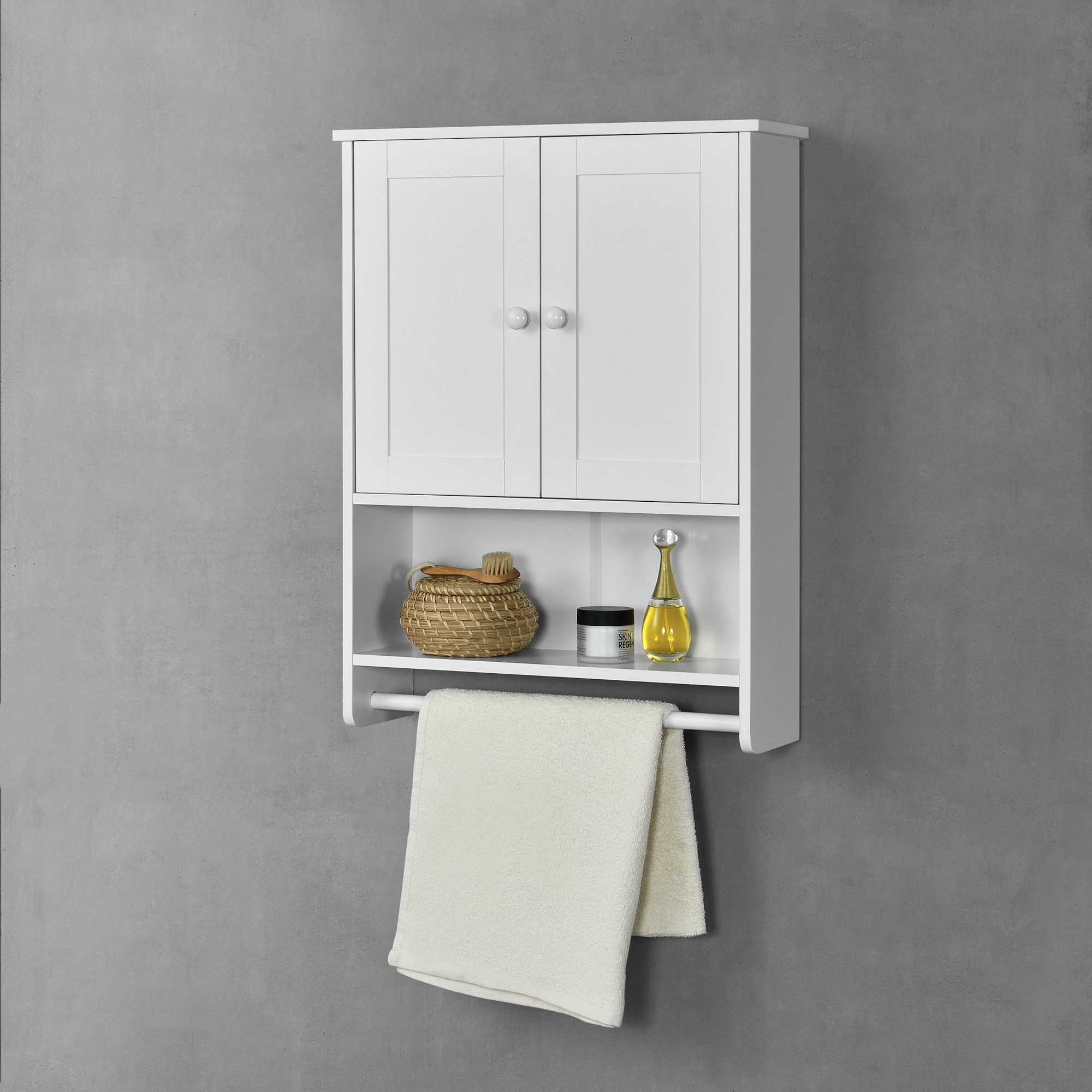 foto del prodotto armadietto pensile da bagno con barra portaasciugamano 65 x 48,7 x 14,5 cm mobiletto da muro con 2 ante e ripiani 