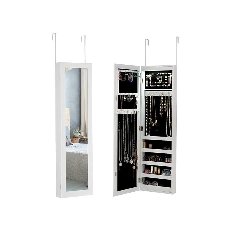 foto del prodotto armadietto per gioielli con specchio a parete e porta con luce a led, portagioielli da parete, 106 x 30 x 8,5 cm, bianco costway
