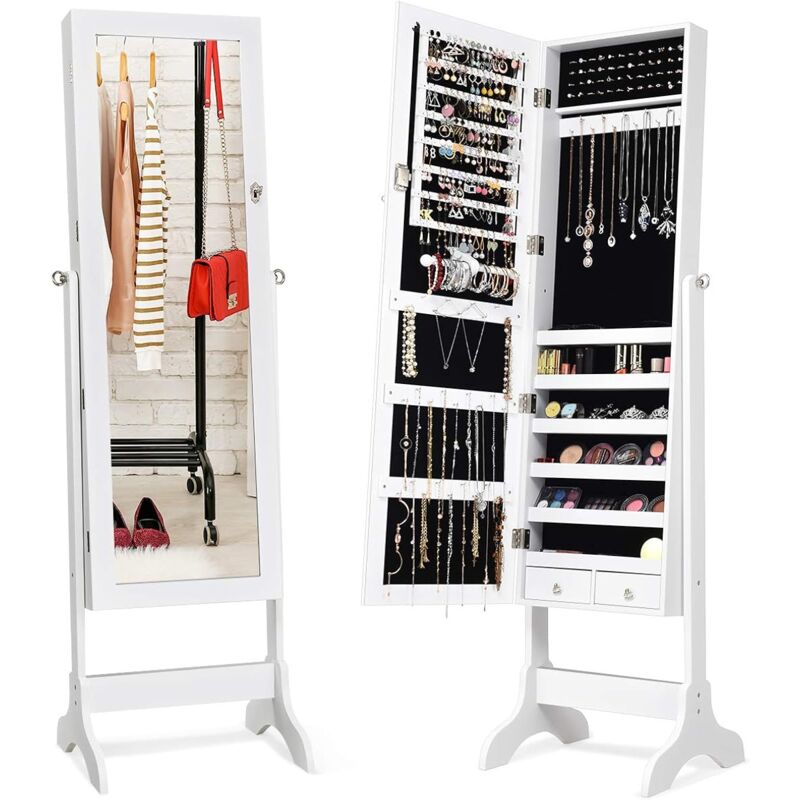 foto del prodotto armadietto porta gioielli con specchio e supporto, ideale per camera da letto, 156 x 37 x 46cm bianco costway