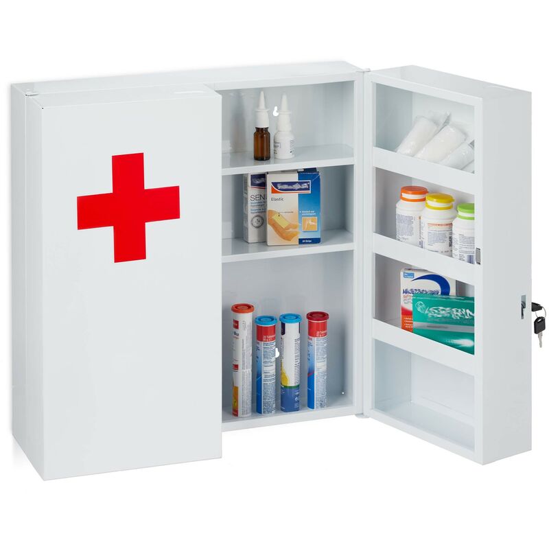 foto del prodotto armadietto porta medicinali, 2 ante, per medicine, 11 scomparti, richiudibile, 53,5 x 53 x 19 cm, bianco rosso relaxdays