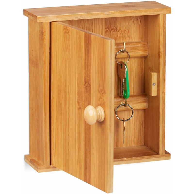 foto del prodotto armadietto portachiavi in bamb , 6 ganci, chiusura magnetica, appendichiavi, hlp 20,5x18x6cm, legno naturale, rovere relaxdays