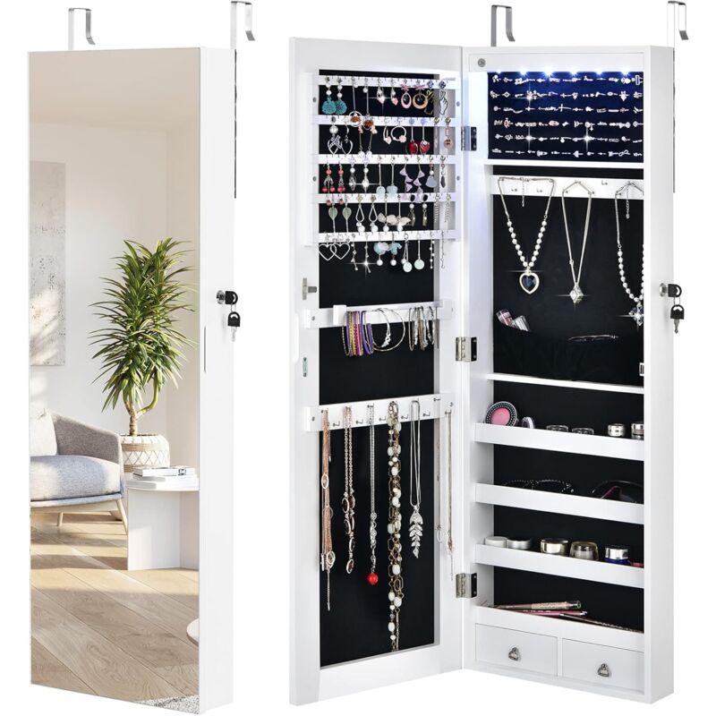 foto del prodotto armadietto portagioie con specchio, armadio per gioielli con 6 luci led e cassetti, organizer gioielli per camera da letto e cabina armadio, 36 x 10
