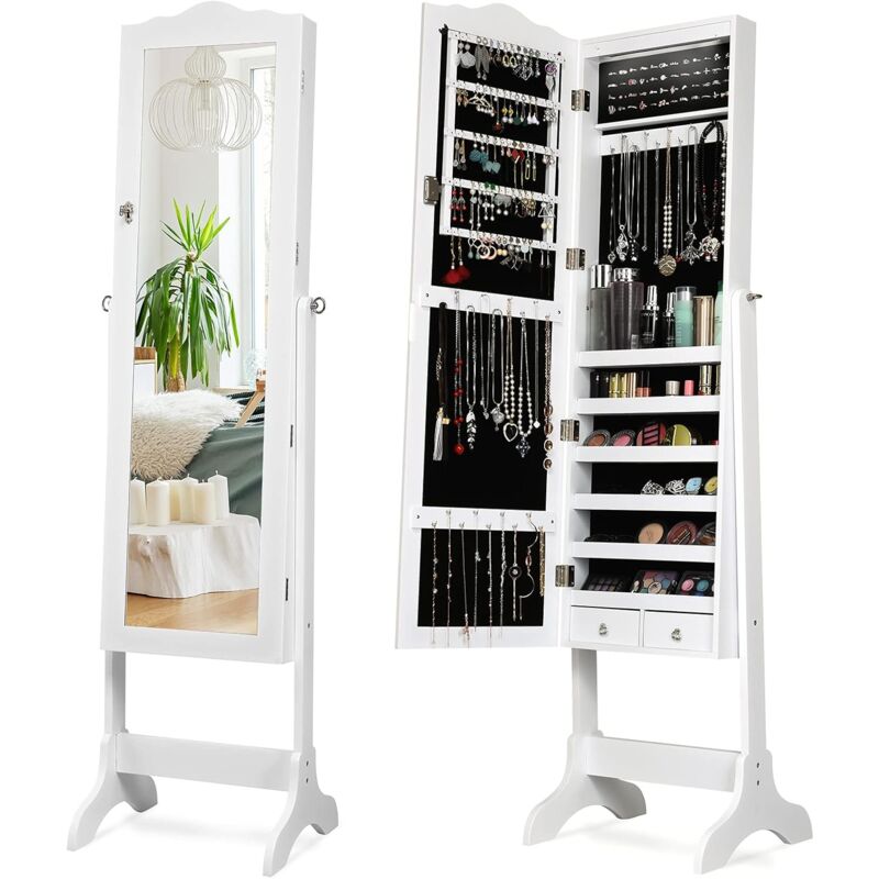 foto del prodotto armadietto portagioie da terra con specchio a figura intera, organizzatore per gioielli e accessori 37x41,5x160cm, bianco relax4life