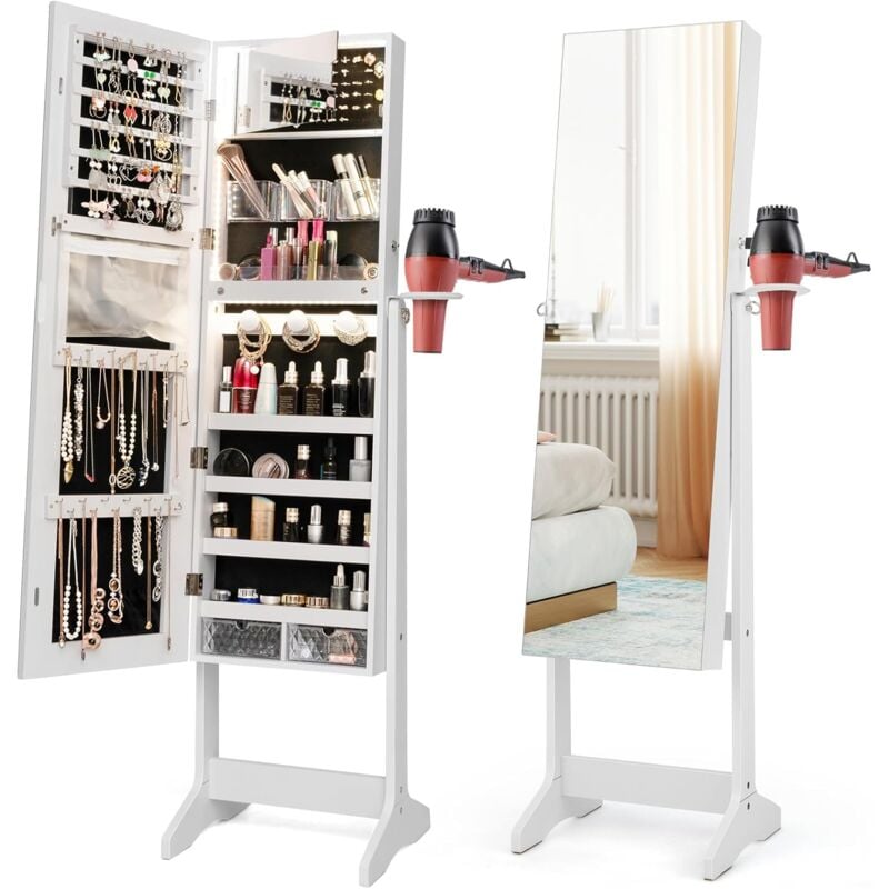 foto del prodotto armadietto portagioie da terra con specchio a figura intera, organizzatore per gioielli e accessori 37x41x156cm, bianco relax4life