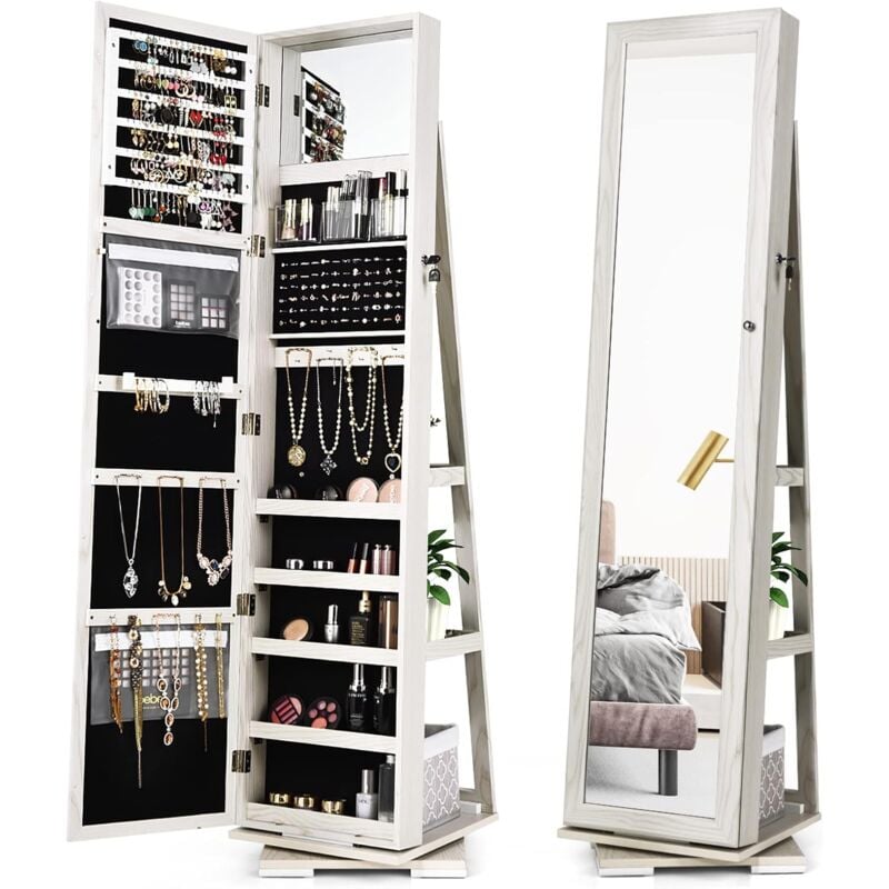 foto del prodotto armadietto portagioie girevole da terra con porta a specchio, organizer per gioielli e accessori con base girevole a 360 , portaoggetti con 3 ripiani