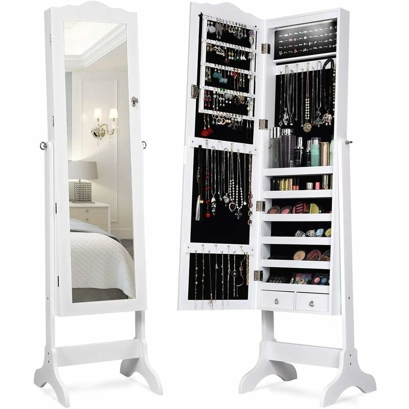 foto del prodotto armadietto portagioie specchiera per gioielli con chiave e luci led, specchio figura intera da terra, 160x41,5x37cm bianco costway
