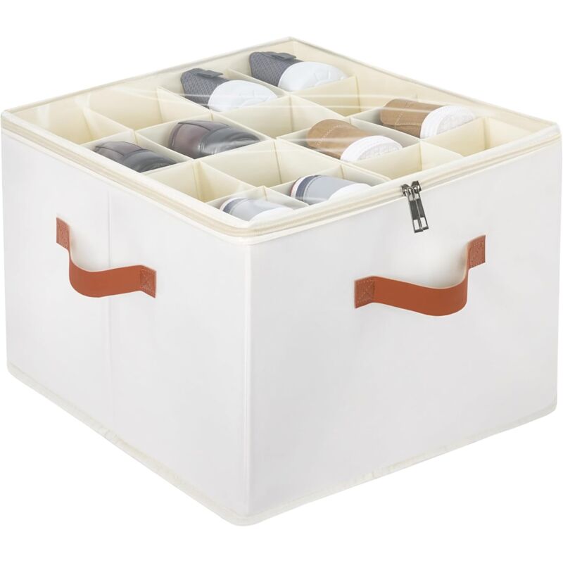 foto del prodotto armadietto portascarpe regolabile in tessuto beige, con coperchio trasparente, scomparti personalizzabili, maniglie rinforzate fino a 16 paia