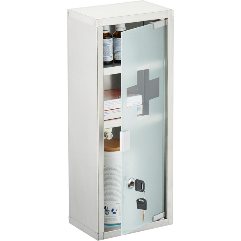 foto del prodotto armadietto pronto soccorso medicinali, cassetta medicine con chiave, hlp 45x18x12 cm, acciaio inox e vetro relaxdays
