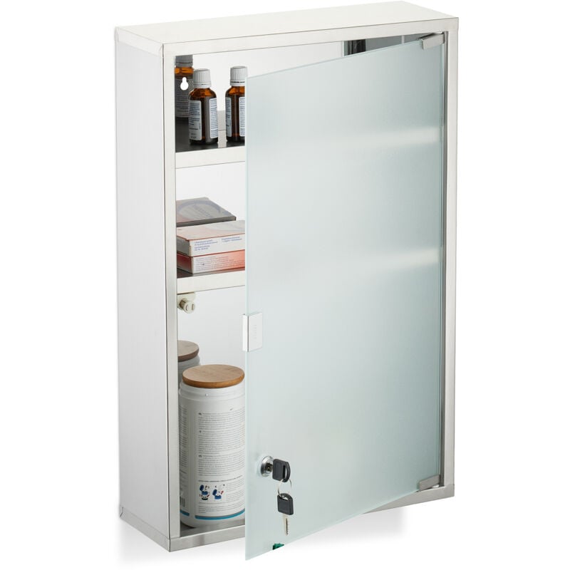 foto del prodotto armadietto pronto soccorso medicinali, cassetta medicine con chiave, hlp 58x38x13 cm, acciaio inox e vetro relaxdays