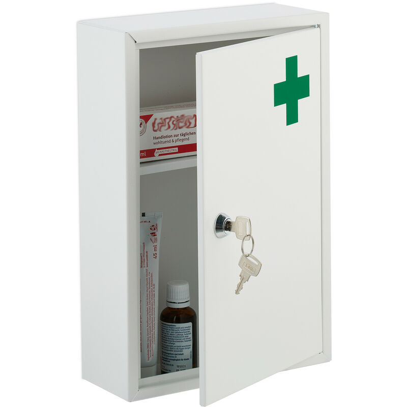 foto del prodotto armadietto pronto soccorso per medicinali, 2 scomparti, cassetta chiusura di sicurezza, 32x21,5x8 cm, bianco relaxdays
