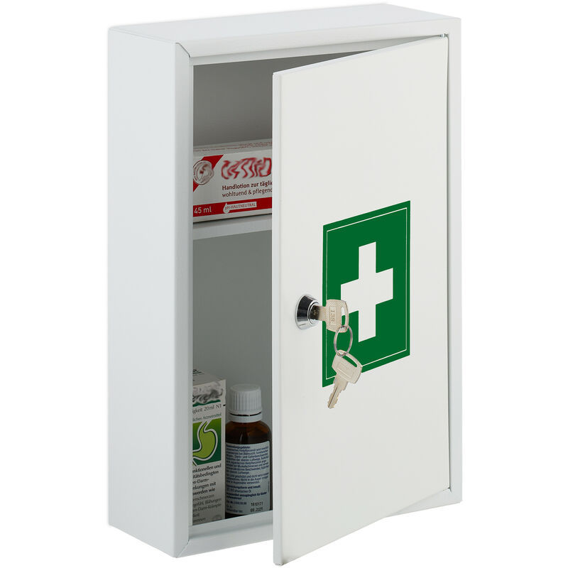 foto del prodotto armadietto pronto soccorso per medicinali, cassetta con chiusura di sicurezza, 32x21,5x9,5 cm, bianco verde relaxdays