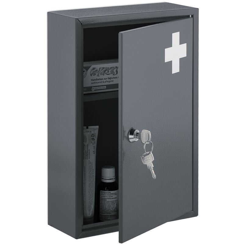 foto del prodotto armadietto pronto soccorso per medicinali, cassetta con chiusura di sicurezza, 32x21,5x9,5 cm, grigio bianco relaxdays