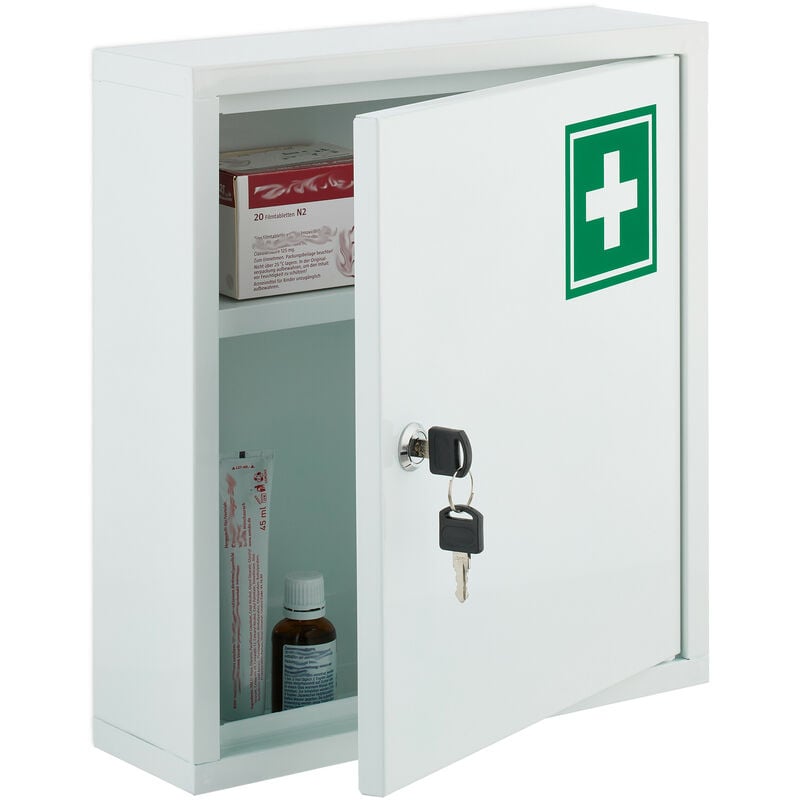 foto del prodotto armadietto pronto soccorso per medicinali, cassetta con chiusura di sicurezza, 36 x 31,5 x 10 cm, bianco verde relaxdays