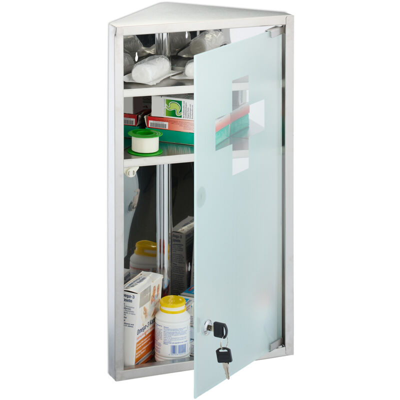 foto del prodotto armadietto pronto soccorso per medicinali, cassetta medicine chiusa a chiave, 3 scomparti, hlp 56x30x18 cm relaxdays