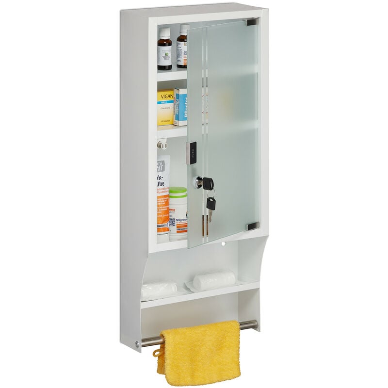 foto del prodotto armadietto pronto soccorso per medicinali, cassetta medicine chiusa a chiave, 4 scomparti, 65x27x12, bianco relaxdays
