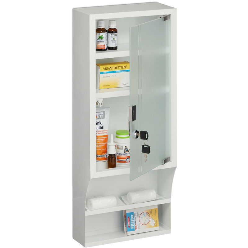 foto del prodotto armadietto pronto soccorso per medicinali, cassetta medicine chiusa a chiave, 5 scomparti, 65x27x12, bianco relaxdays