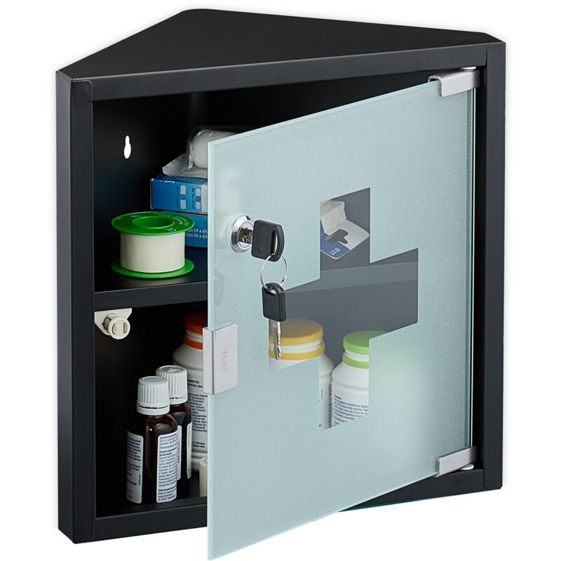 foto del prodotto armadietto pronto soccorso per medicinali, cassetta medicine con chiave, 2 scomparti, hlp 30x30x17,5 cm, nero relaxdays