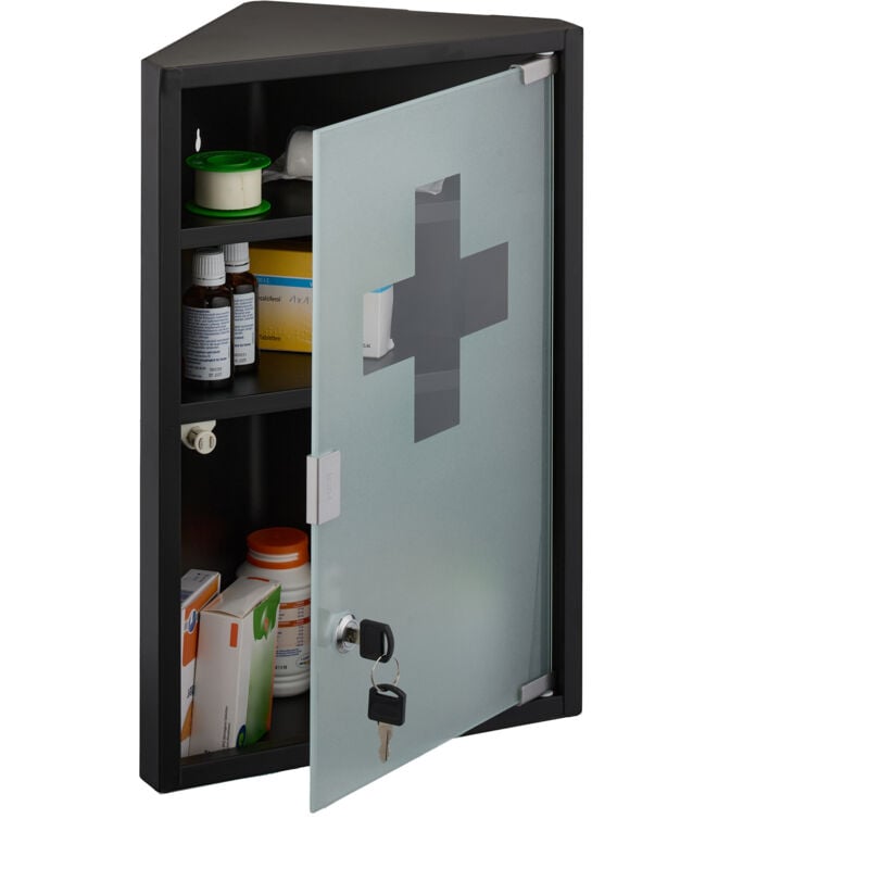 foto del prodotto armadietto pronto soccorso per medicinali, cassetta medicine con chiave, 3 scomparti, hlp 45x30x17,5 cm, nero relaxdays