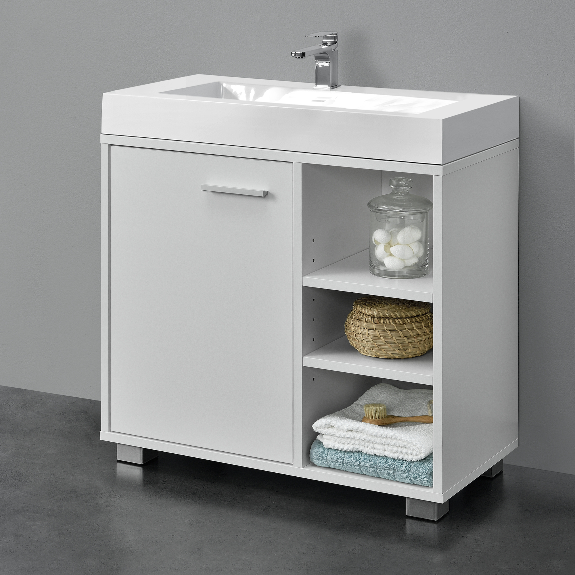 foto del prodotto armadietto sottolavandino con 1 anta e 3 ripiani mobiletto sottolavabo con ripiani regolabili in altezza mobile da bagno