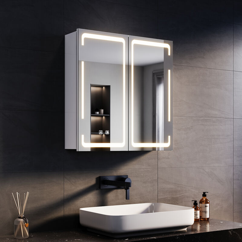 foto del prodotto armadietto specchio da bagno led 59x60x14cm con antiappannamento illuminazione a tre colori design a due porte armadietti di stoccaggio con design a