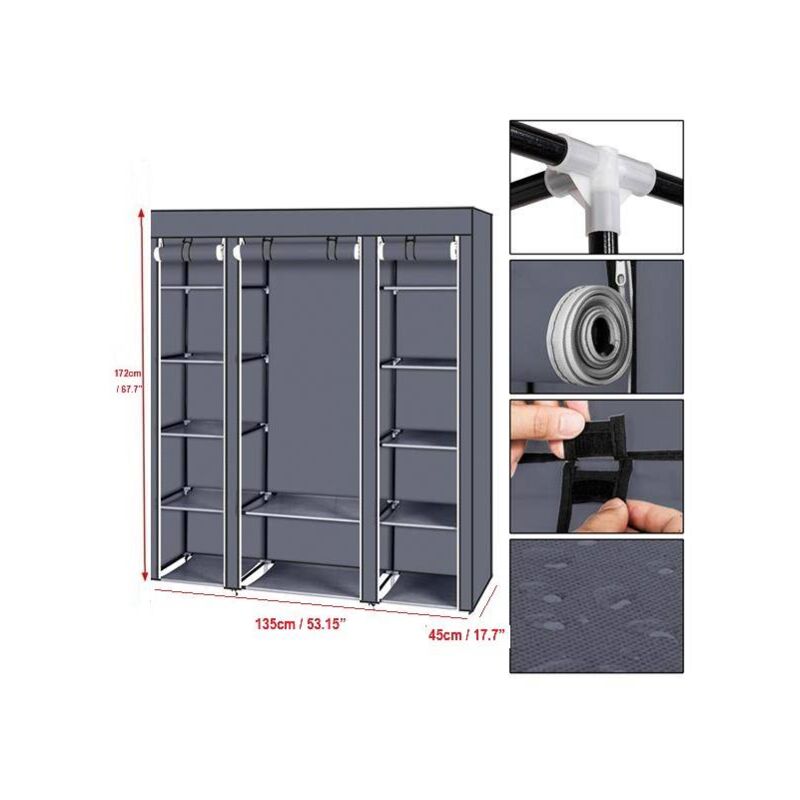 foto del prodotto armadio 135 x 45 x 172 cm, armadio in tessuto 12 con asta appendiabiti e ripiani, mobile contenitore grigio per camera da letto, cabina armadio,