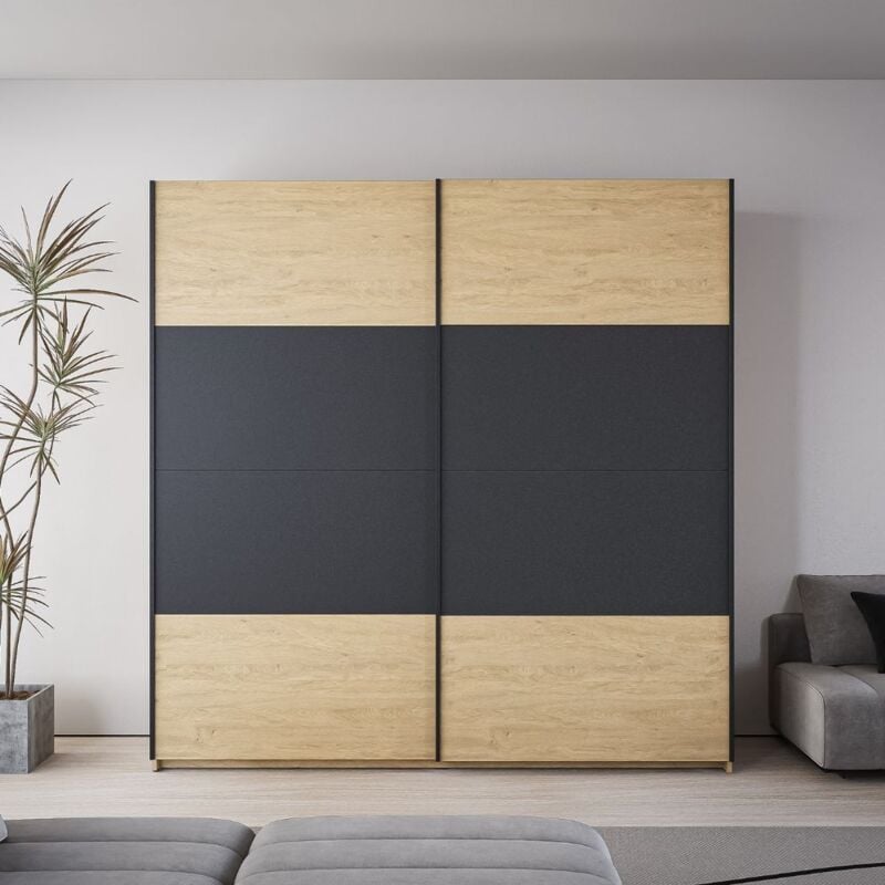 foto del prodotto armadio 2 ante scorrevoli rovere con dettaglio antracite loft2 200x58.1x204.5h