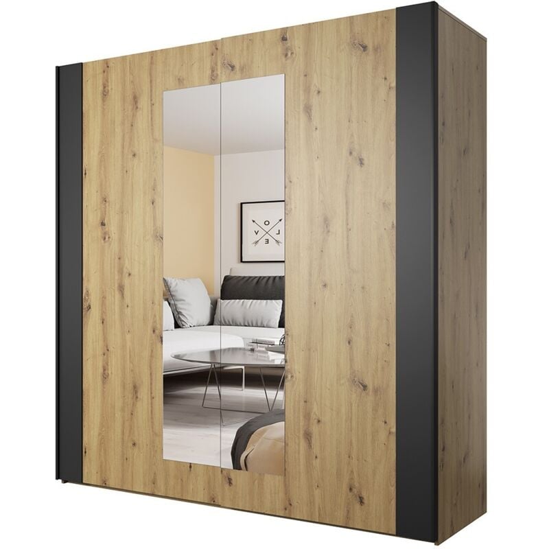 foto del prodotto armadio 200cm. 2 porte scorrevoli con specchi colore quercia chiara e nero. collezione fox