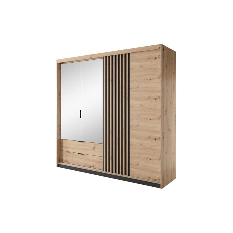 foto del prodotto armadio 3 ante e 2 cassetti specchio e led l220 cm naturale e nero ariada