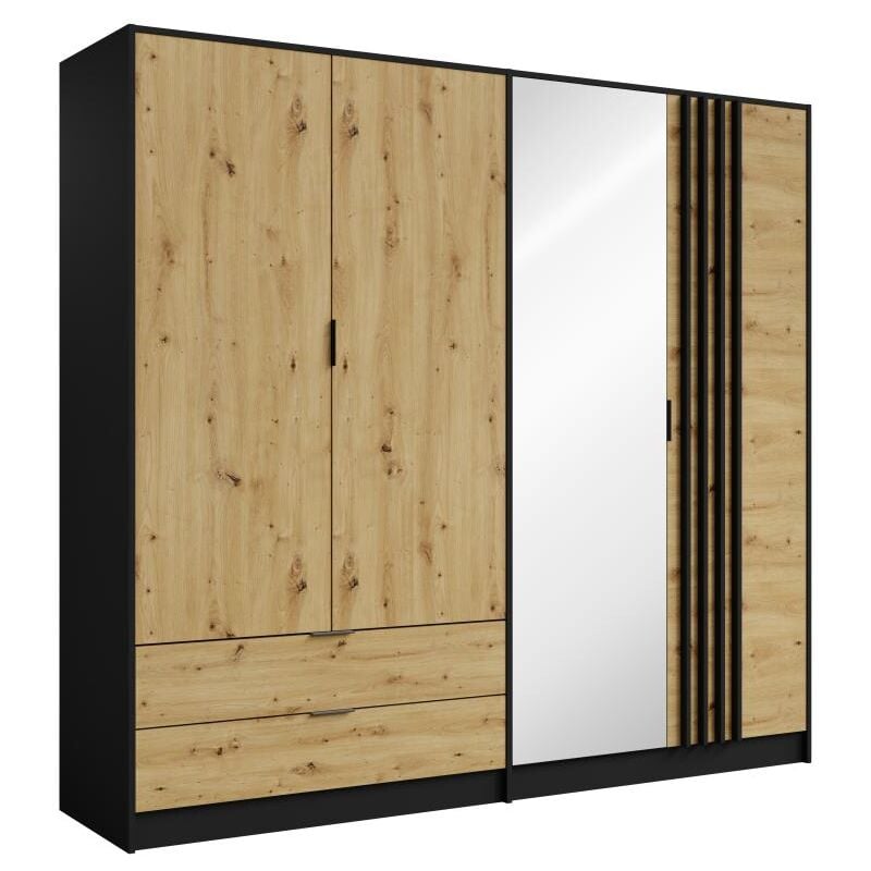 foto del prodotto armadio 4 ante e 2 cassetti con specchio l220 cm nero e naturale tunalo
