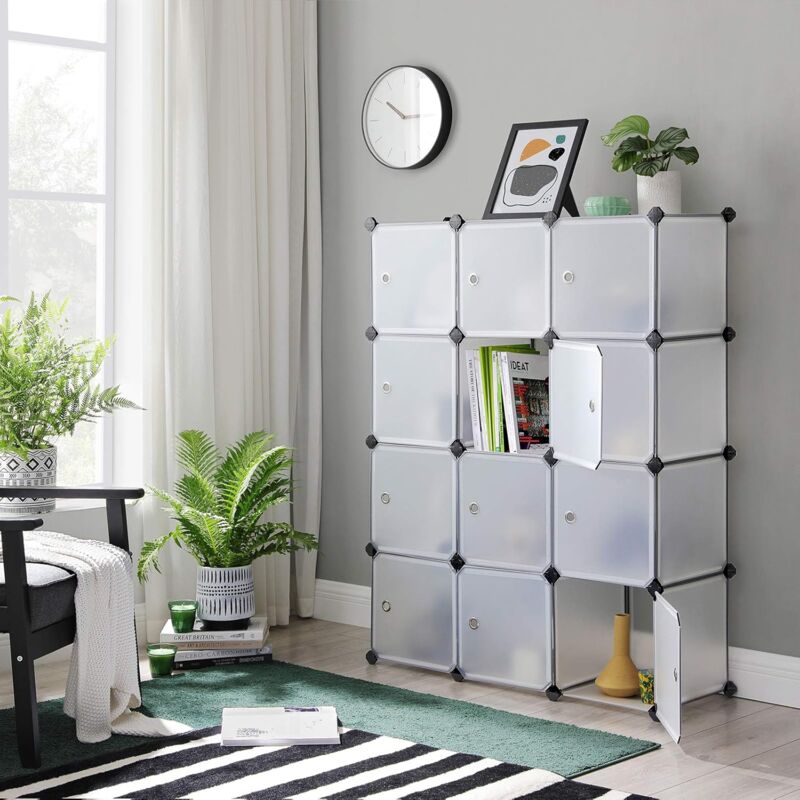 foto del prodotto armadio a 12 cubi, portaoggetti organizzatore, armadietto mobiletto con ante, per abiti scarpe libri, facile da assemblare, bianco songmics