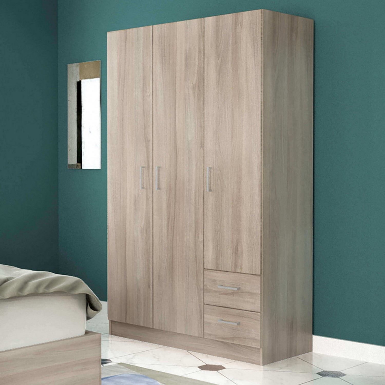 foto del prodotto armadio a 3 ante battenti e 2 cassetti 120x52x180h cm di colore olmo mod. narciso