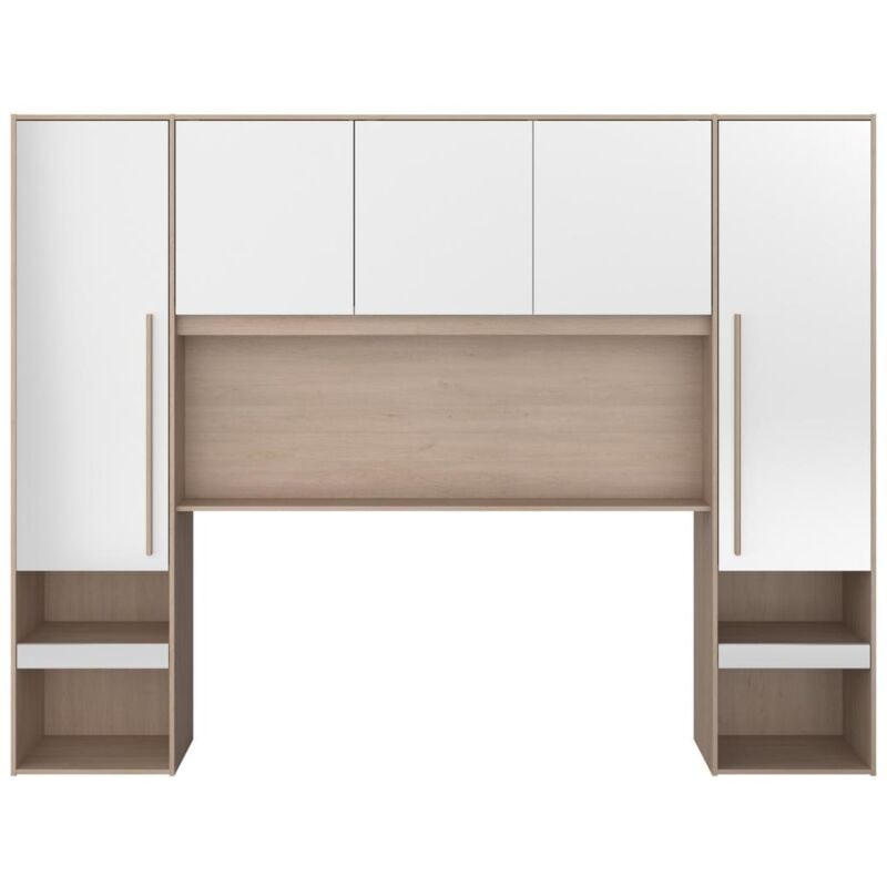 foto del prodotto armadio a ponte con scomparti con led l265 cm bianco lucido e naturale velona