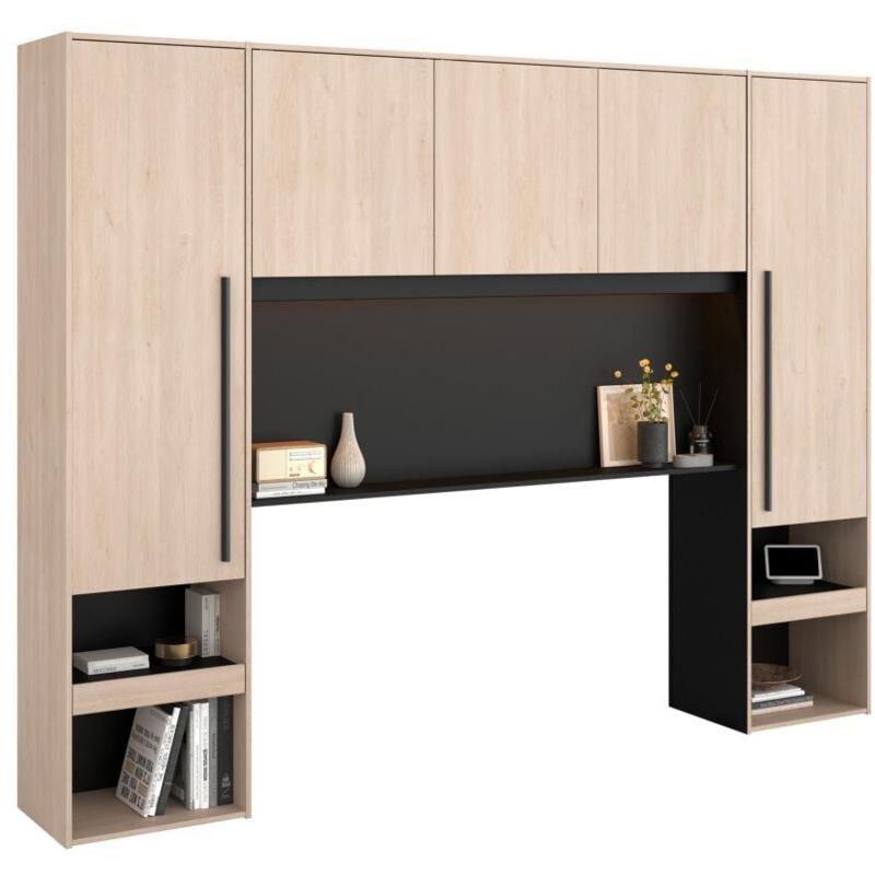 foto del prodotto armadio a ponte con scomparti e led l265 cm naturale e nero velona
