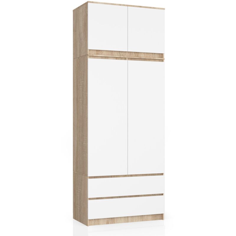 foto del prodotto armadio akord s90 con sopralzo sonoma quercia 90 cm 2 ante 2 cassetti inserto frontale bianco 90x51x234 cm