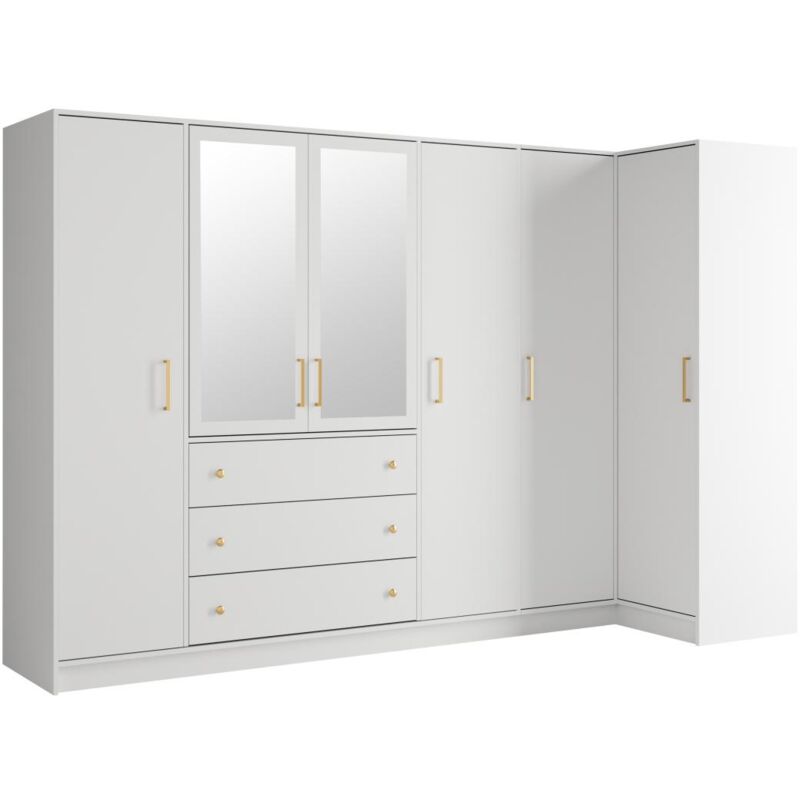 foto del prodotto armadio angolare 6 ante e 3 cassetti con specchi l311 cm bianco lizandro
