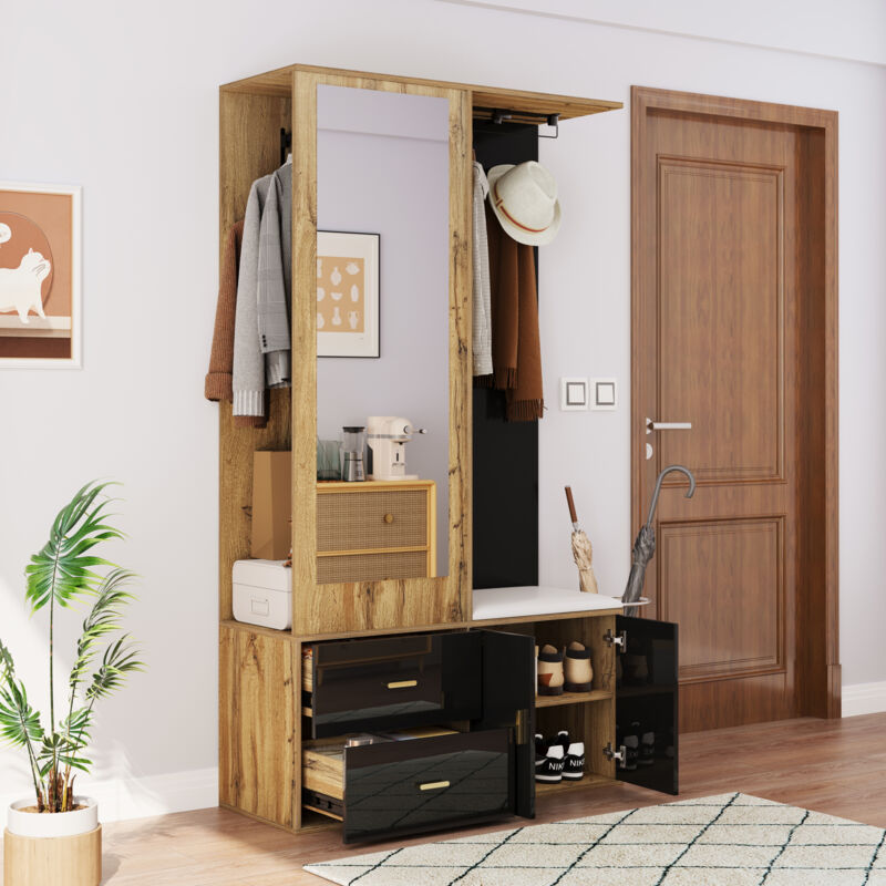 foto del prodotto armadio aperto 100x38x180 attaccapanni con specchio e panca porta scarpe, 2 cassetti 2 ante, 2 ganci, pannello truciolare, nero naturale