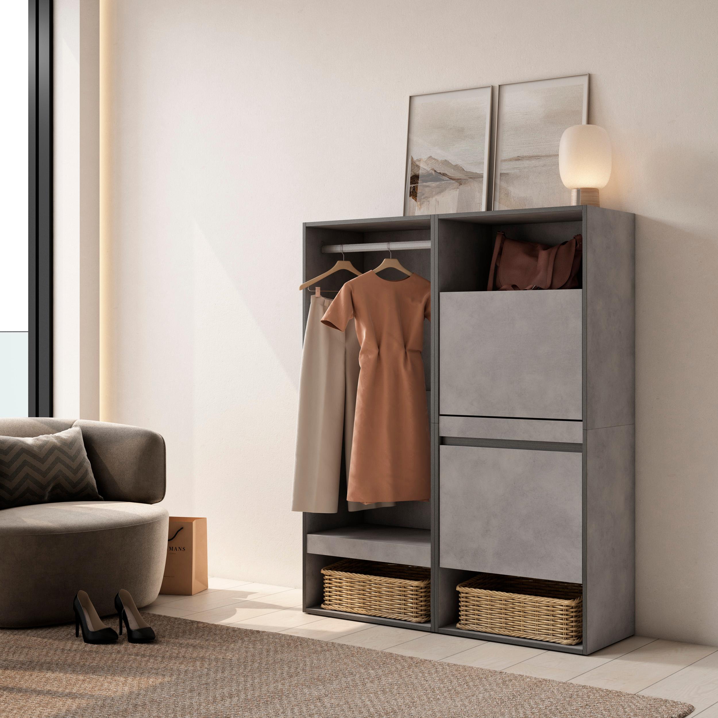 foto del prodotto armadio aperto, 120x35x145cm, camera da letto, scarpiera, grigio cemento rf3491