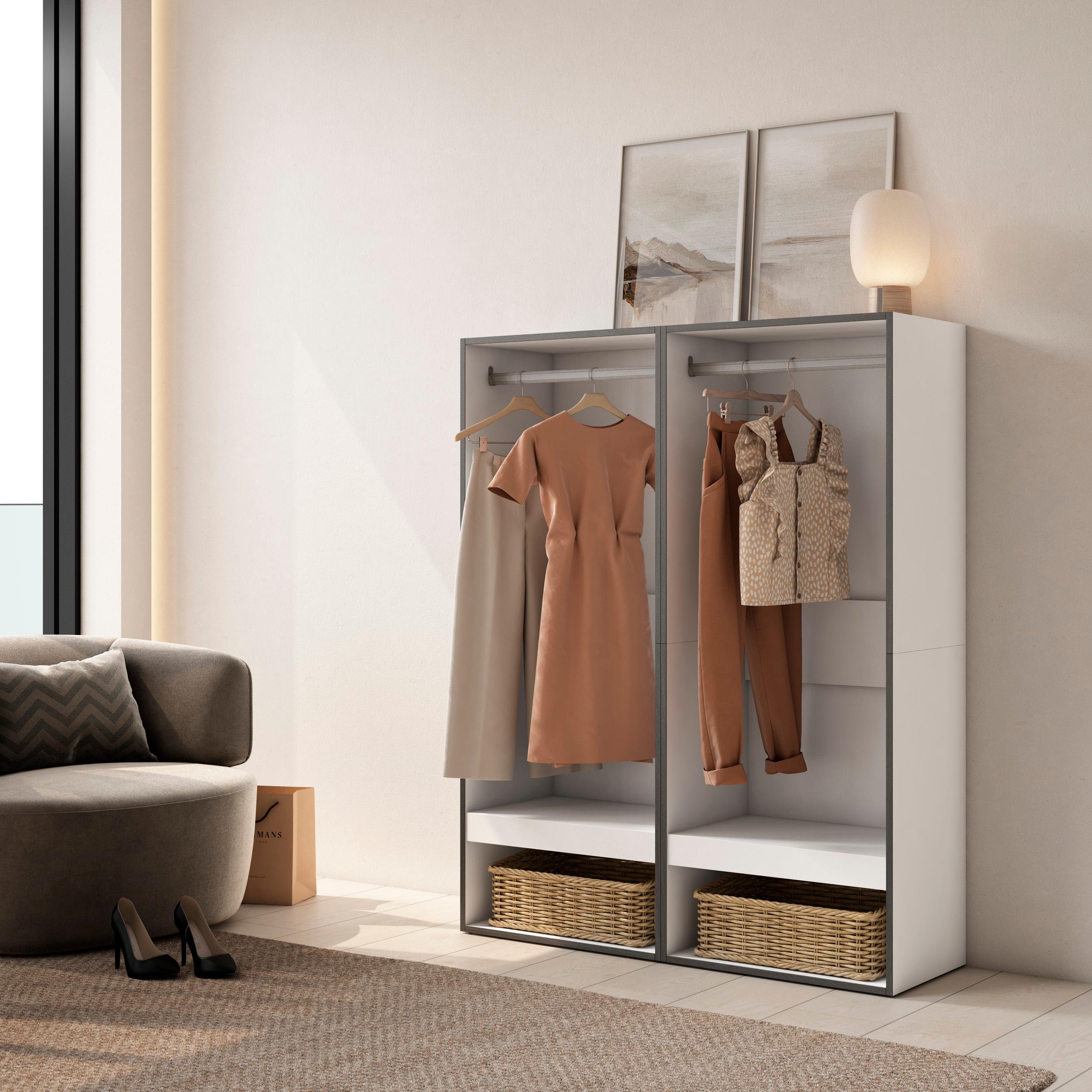 foto del prodotto armadio aperto, 120x35x145cm, camera da letto, vestiti, scarpe, bianco rf3484