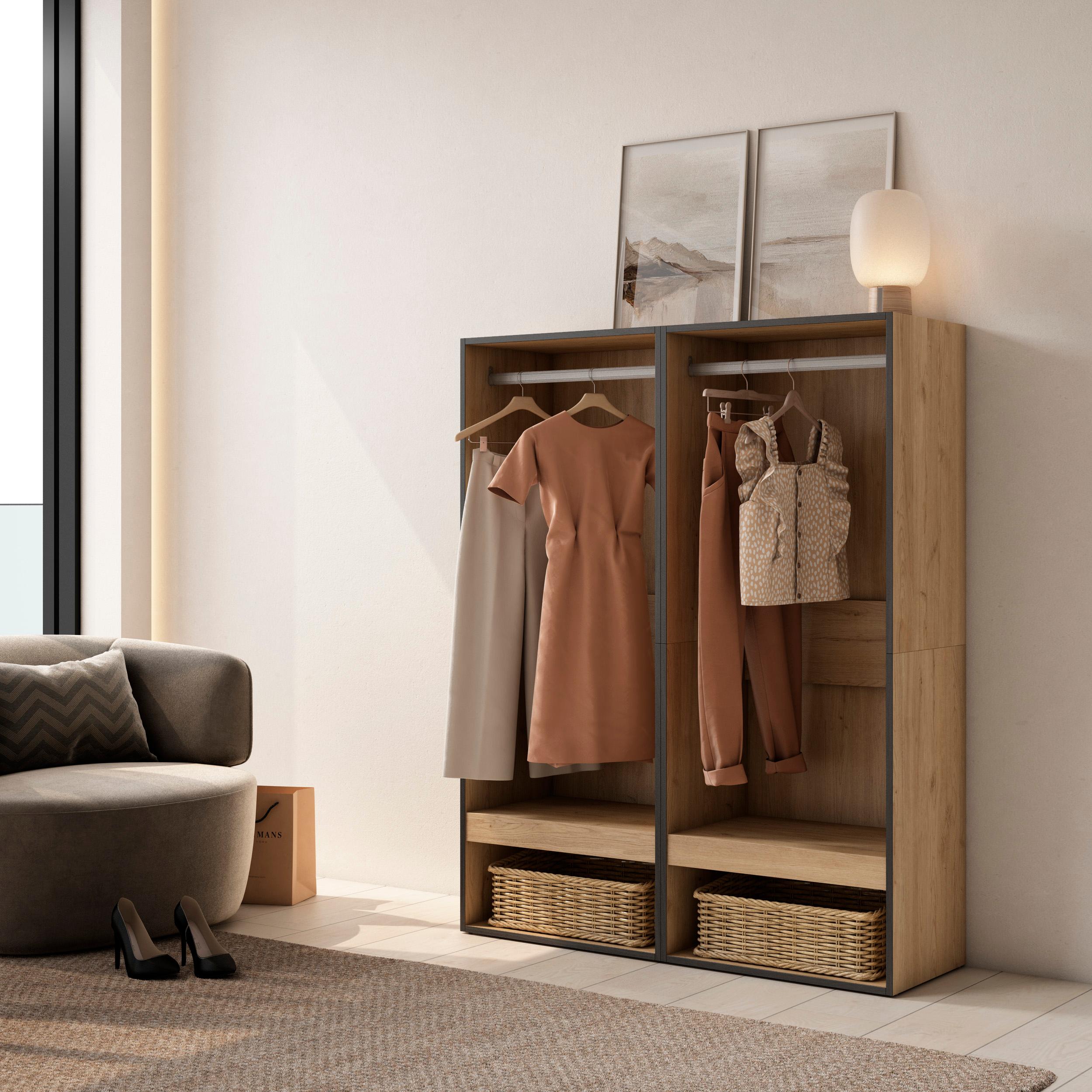 foto del prodotto armadio aperto, 120x35x145cm, camera da letto, vestiti, scarpe, colore rovere rf3495