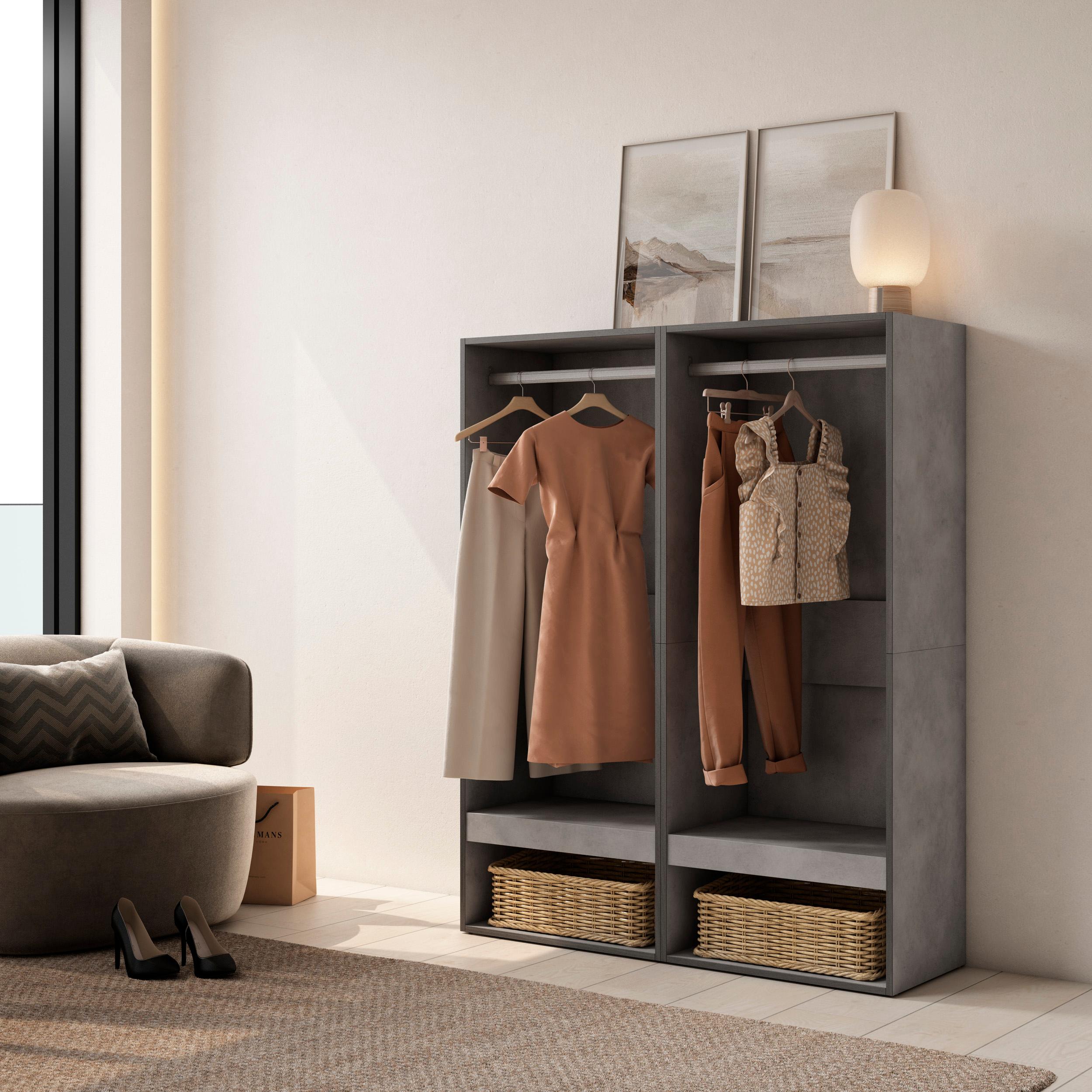 foto del prodotto armadio aperto, 120x35x145cm, camera da letto, vestiti, scarpe, grigio cemento rf3489