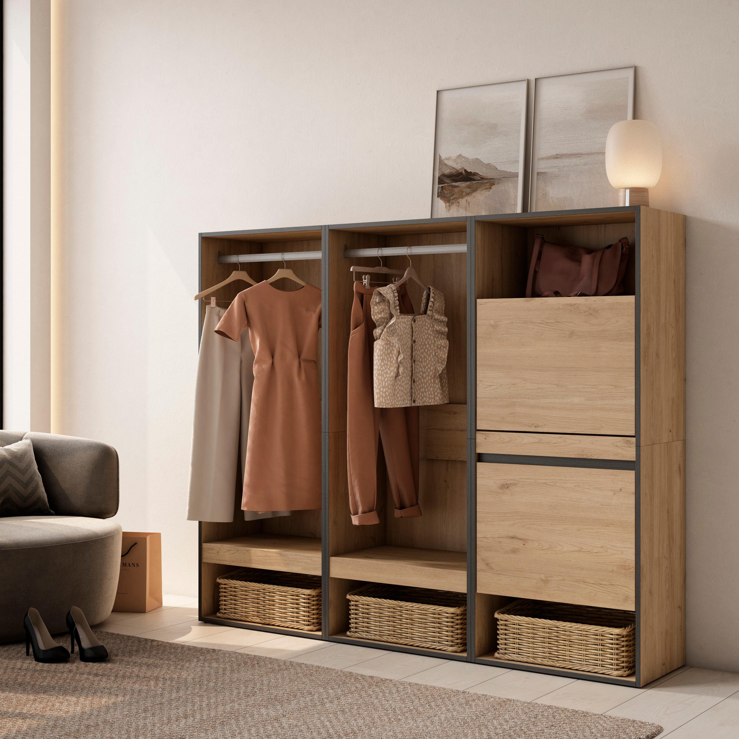 foto del prodotto armadio aperto, 180x35x145cm, camera da letto, scarpiera, colore rovere rf3496