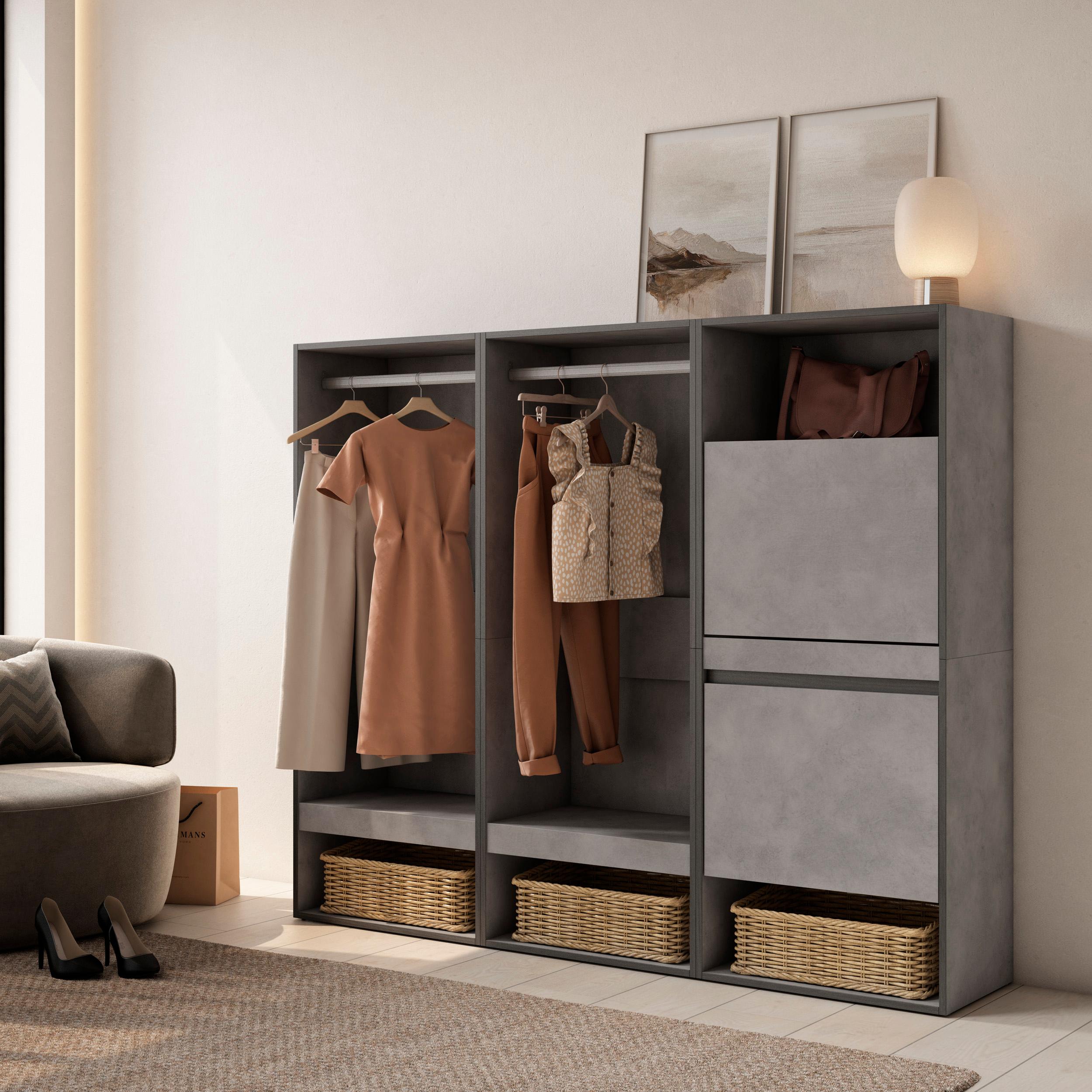 foto del prodotto armadio aperto, 180x35x145cm, camera da letto, scarpiera, grigio cemento rf3492