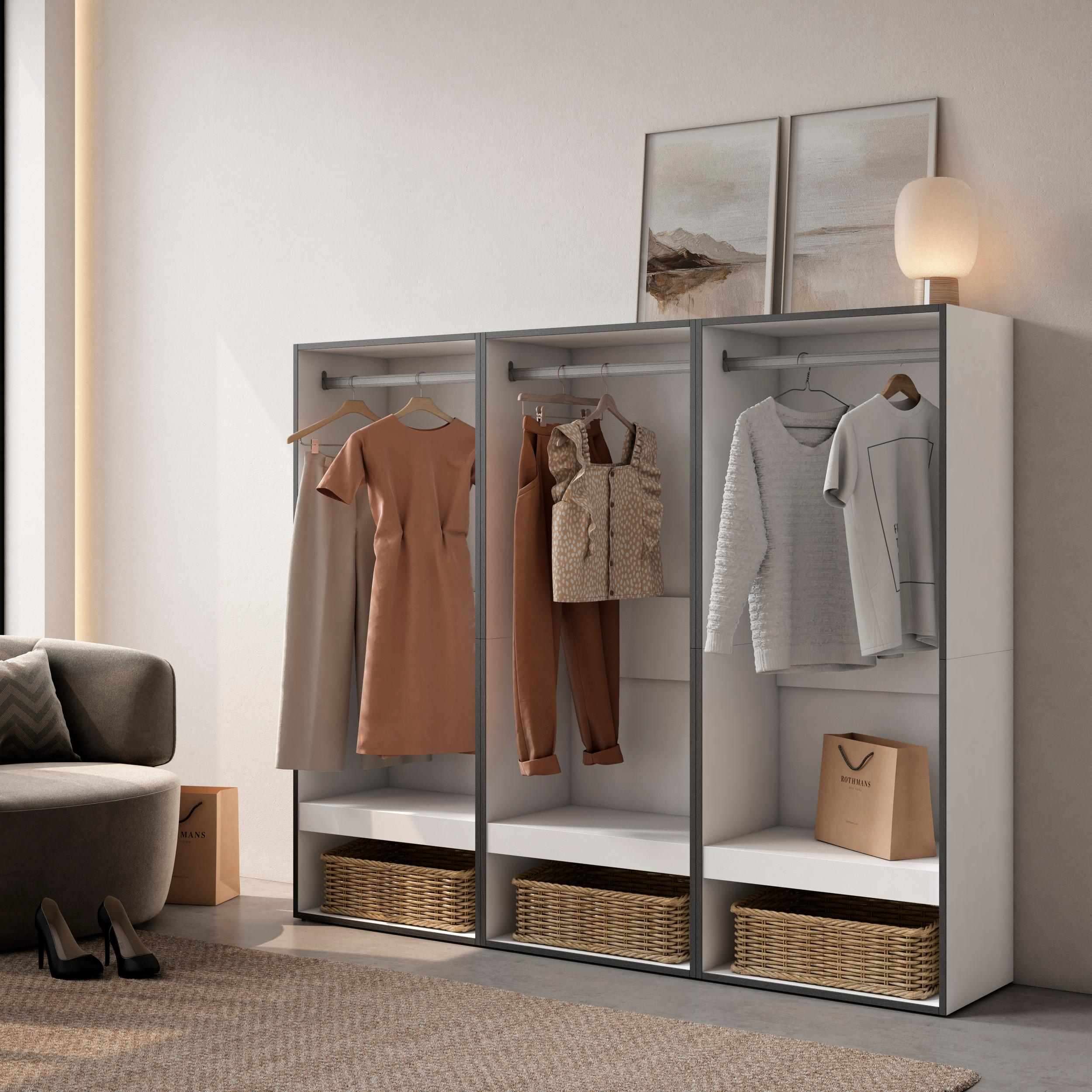 foto del prodotto armadio aperto, 180x35x145cm, camera da letto, vestiti, scarpe, bianco rf3485
