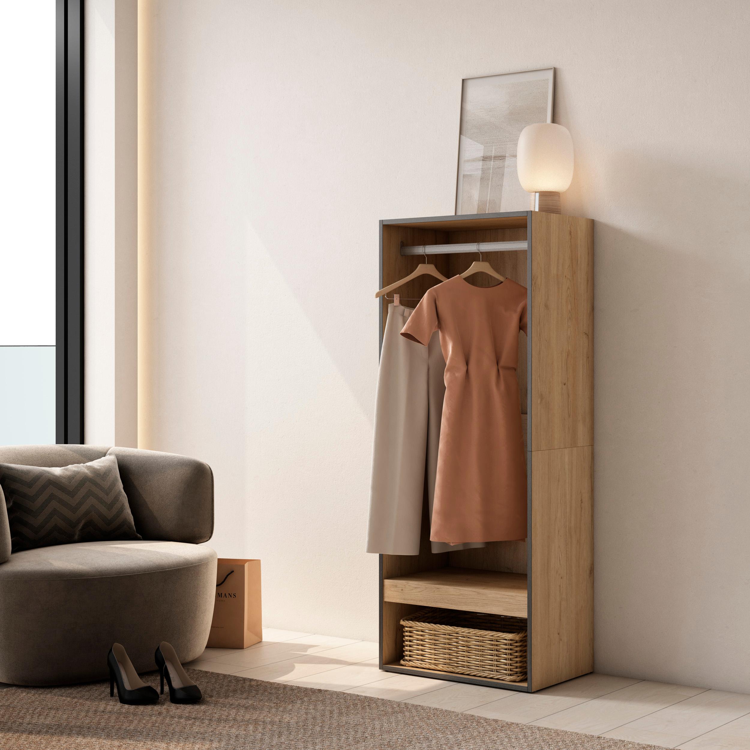 foto del prodotto armadio aperto, 60x35x145cm, camera da letto, vestiti, scarpe, colore rovere rf3493
