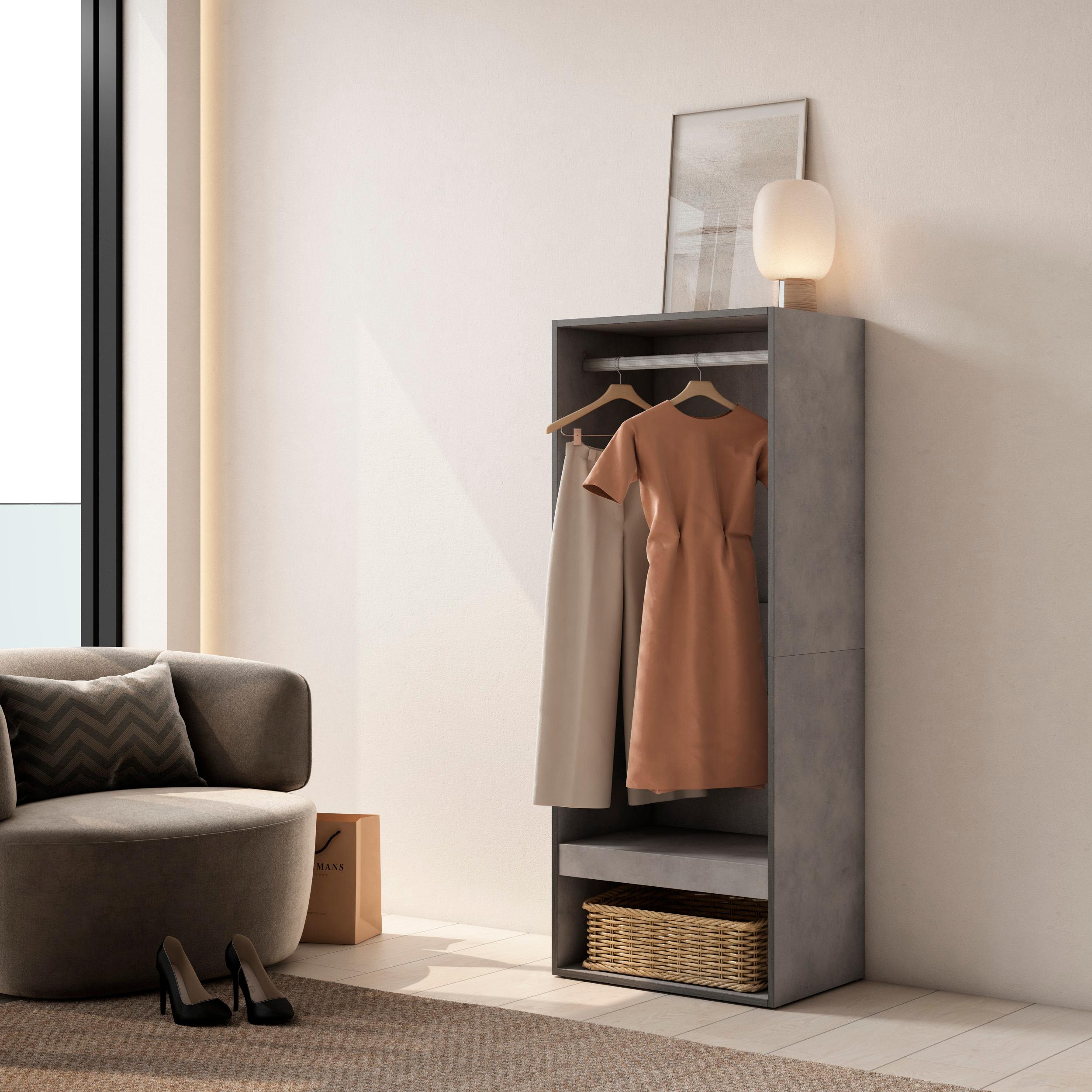 foto del prodotto armadio aperto, 60x35x145cm, camera da letto, vestiti, scarpe, grigio cemento rf3488