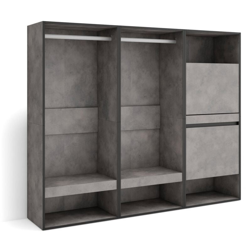 foto del prodotto armadio aperto, appendiabiti con ripiani, 180x145x35 cm, camera da letto, stanza, scarpiera, stile moderno, grigio cemento skraut home